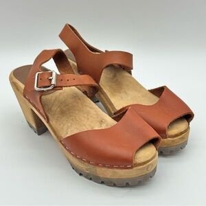 MIA Anja Tan Leather Mule Sandals with Wooden Heel